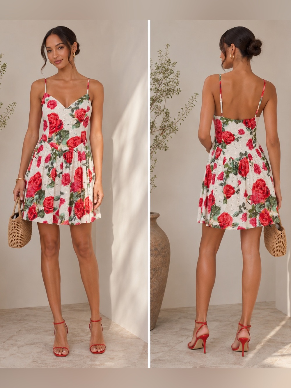 AQUA Rose Floral Eyelet Princess Mini Dress Medium